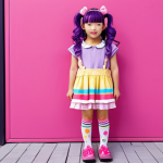 **A young girl with brightly colored clothing, including pinks, purples, and yellows, accessorized with playful hair clips and colorful socks, standing in front of a playful, kawaii-inspired backdrop. The style should be a mix of street style and cartoon-like cuteness.**