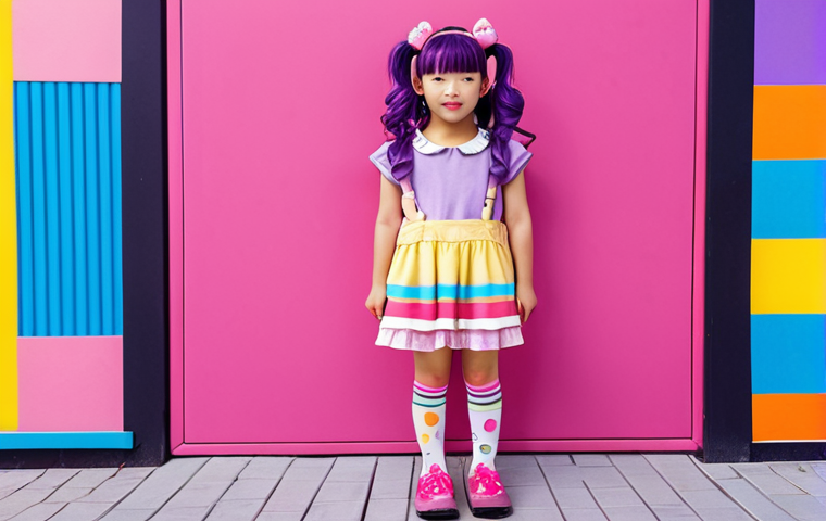 **A young girl with brightly colored clothing, including pinks, purples, and yellows, accessorized with playful hair clips and colorful socks, standing in front of a playful, kawaii-inspired backdrop. The style should be a mix of street style and cartoon-like cuteness.**
